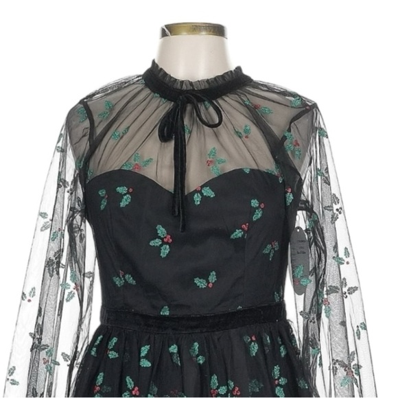 Unique Vintage Black Mistletoe Glitter Mesh Holiday Party Dress L 10-12 NWT - Picture 3 of 11
